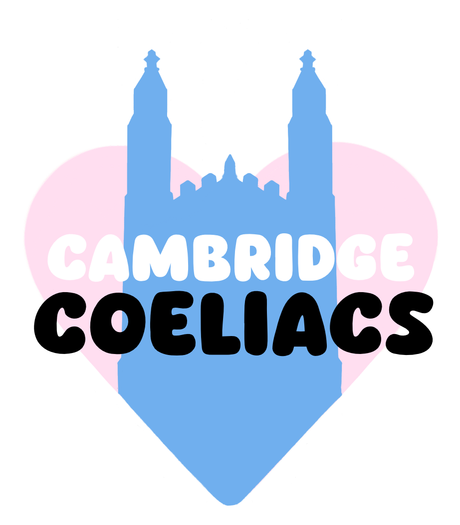 Cambridge Coeliacs Logo, graphic blue image of Kings College in Cambridge with a pink heart behind it.